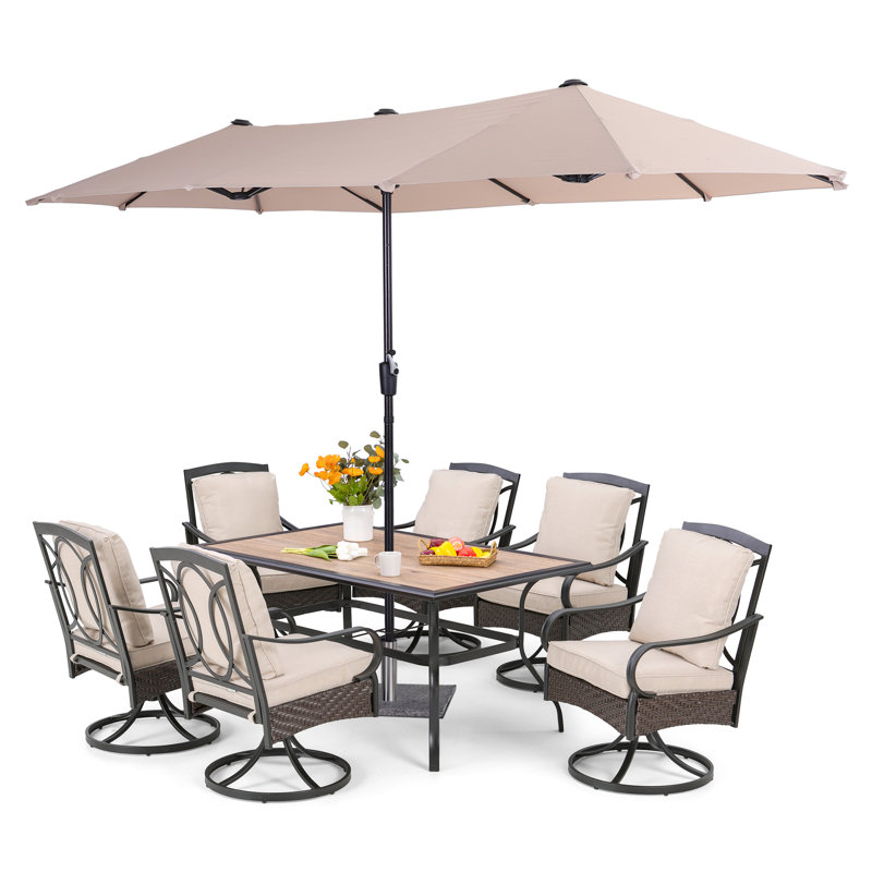 Ensemble de salle à manger rectangulaire pour 6 personnes de 60 po avec coussins et parasol Leonard, Beige