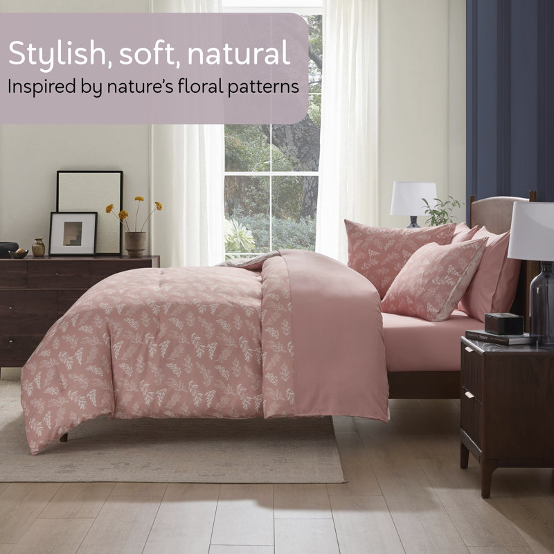 Nestl Botanical Bed in a Bag 7 piece Comforter Set with Sheets & Pillow Shams, Bali Blush/Porcelain Glow