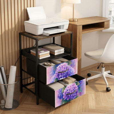 2 Drawers Nightstand with Charging Station, Bedroom Nightstand with USB Ports & Outlets Open Shelf Black, night stand with Watercolor Hydrangea Blossoms Purple Pink Tones Print