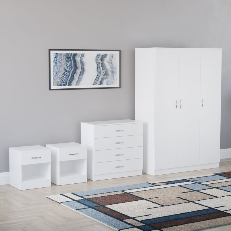 Tayce 4 Piece Bedroom Set (1 Drawer Bedside Chest X2, 4 Drawer Chest, 3 Door Wardrobe), White