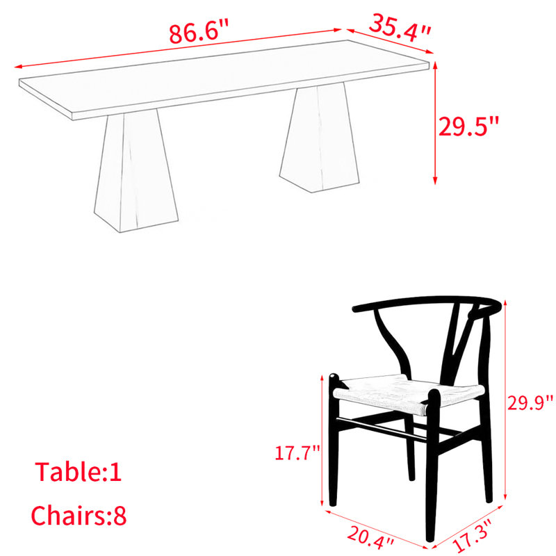 Japanese style black solid wood dining table set, 29.5"H x 86.6"L x 35.4"W