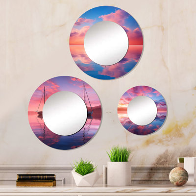White Sailboat Pink Blue Sunset Reflection Metal Round Mirror