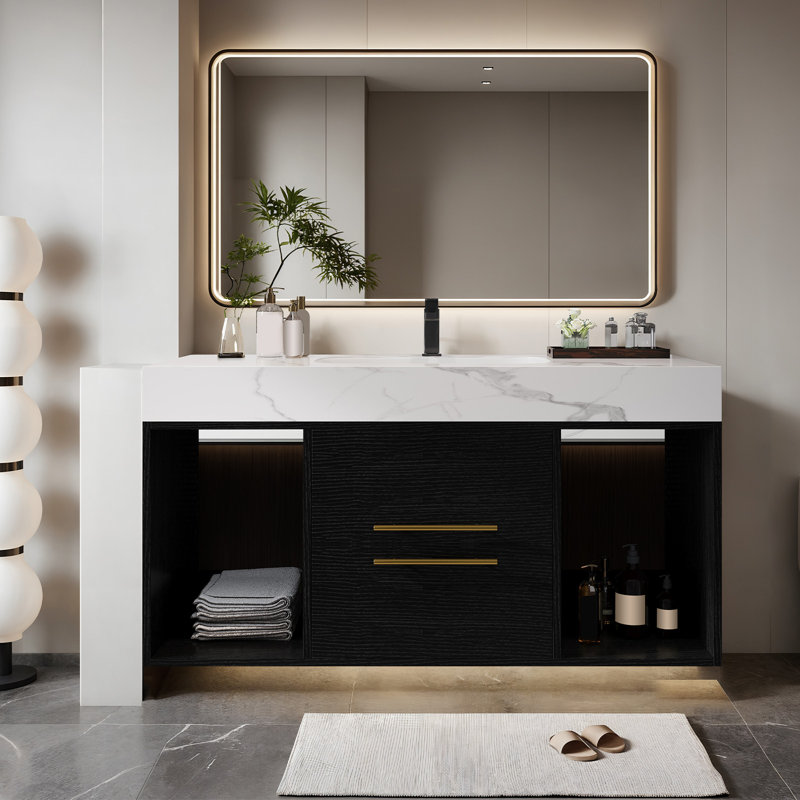 Meuble-lavabo flottant de 40 po avec lavabo, meuble-lavabo mural en bois massif avec tiroirs et armoires de rangement, lavabo en céramique intégré inclus.