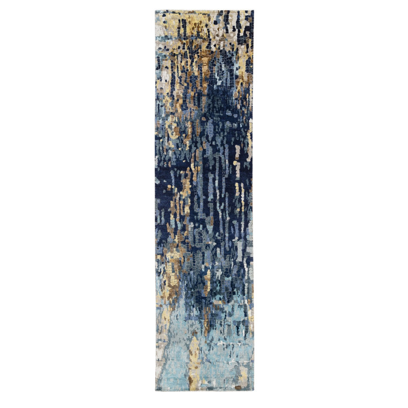 Tapis de couloir 2 pi 6 po x 10 pi bleu avec mélange d'or, de mosaïque, de laine et de soie noués à la main 4E2E26FB5BFD447A890BC1792B01BAA5