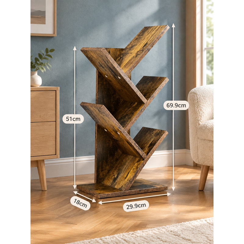 Bibliothèque rustique marron à 4 niveaux en forme d'arbre avec 4 étagères, meuble de rangement moderne et autoportant pour livres et accessoires, idéal pour le bureau, le salon ou la chambre à coucher.