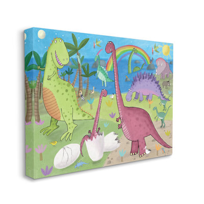 Illustration de dinosaures heureux jouant par arc-en-ciel