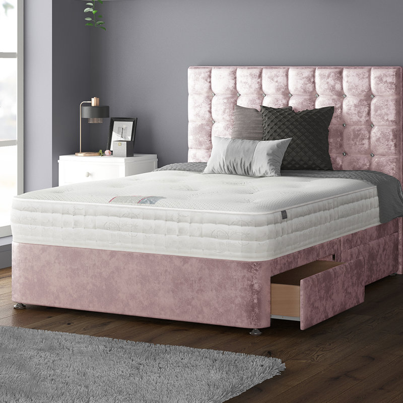 Galarza Upholstered Divan Bed, Super King (6'), Pink, 2 Foot-end Drawers