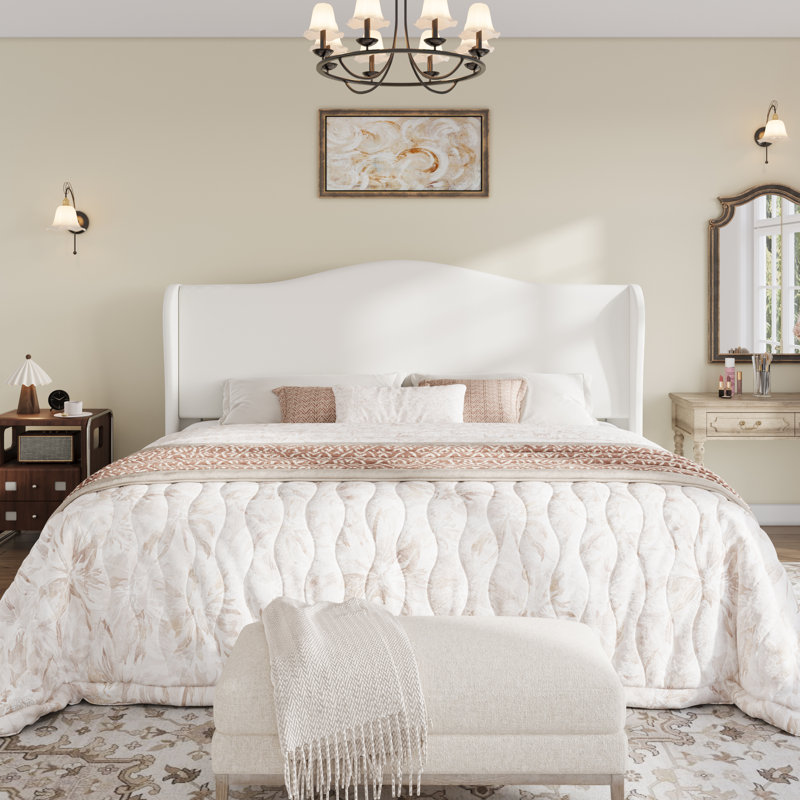Velvet Crown Wingback Upholstered Bed With Headboard, Full/Queen/King,No Box Spring Needed, White, King