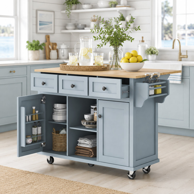 Chariot de cuisine bleu avec rangement réglable, 5 roulettes, îlot 3 tiroirs pour un espace de vie fonctionnel, Bleu