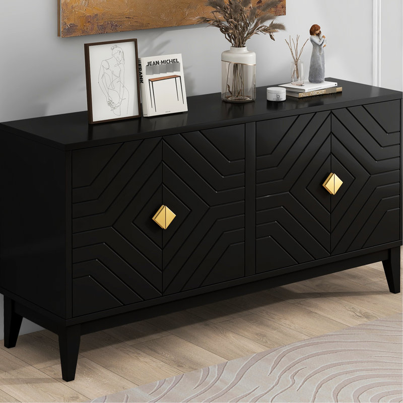 Black Sideboard Storage With 4 Doors. Solid Wood & Material. Adjustable Shelves. Charming Gold Handles. Ample Capacity 4-Door For Dining Room. Black. . Shelf. Stylish Area