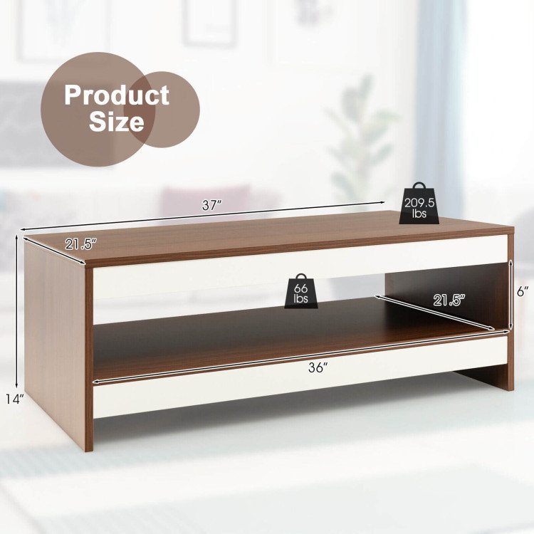 Modern Walnut and White Rectangular Coffee Table with Storage Shelf