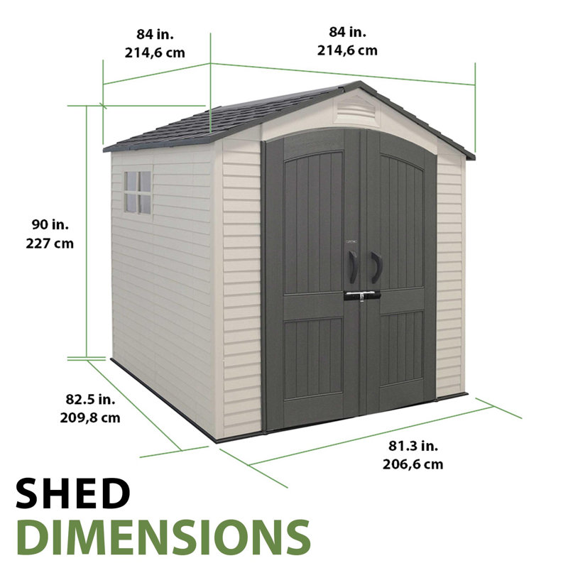 Tan and Brown Polyethylene Outdoor Storage Shed with Shelving and Windows