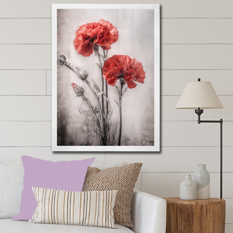 Reproduction d'art sur toile «Red Carnation On», Cadre photo blanc, H 32 po x l 16 po x P 1 po
