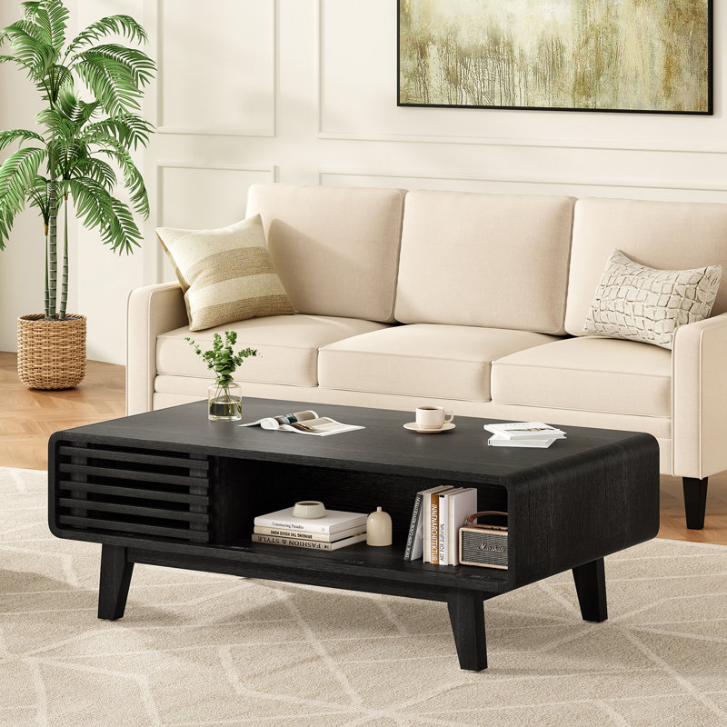 Modern Coffee Table With Storage, Black, 17.8" H x 14.2" L x 46" W