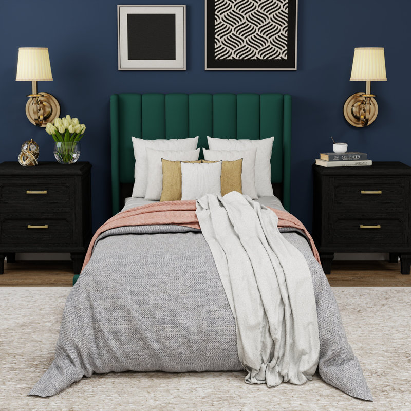 Upholstered Wingback Platform Bed, Green, Twin