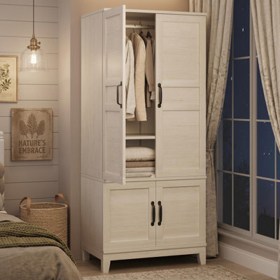 72" Wooden Armoire Wardrobe Closet with 4 Doors Freestanding Cabinet with Hanging Rod for Bedroom White