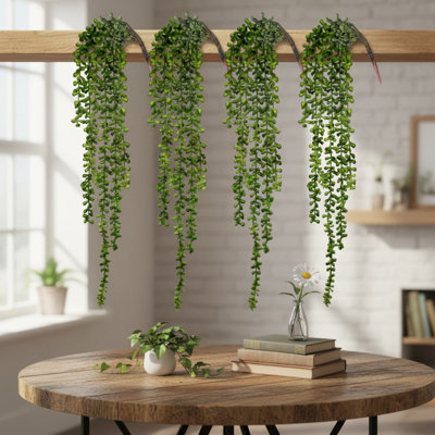 4 Piece Artificial String Of Pearls Hanging Plants For Indoor & Outdoor Home, Garden, Wall, And Shelf Decor