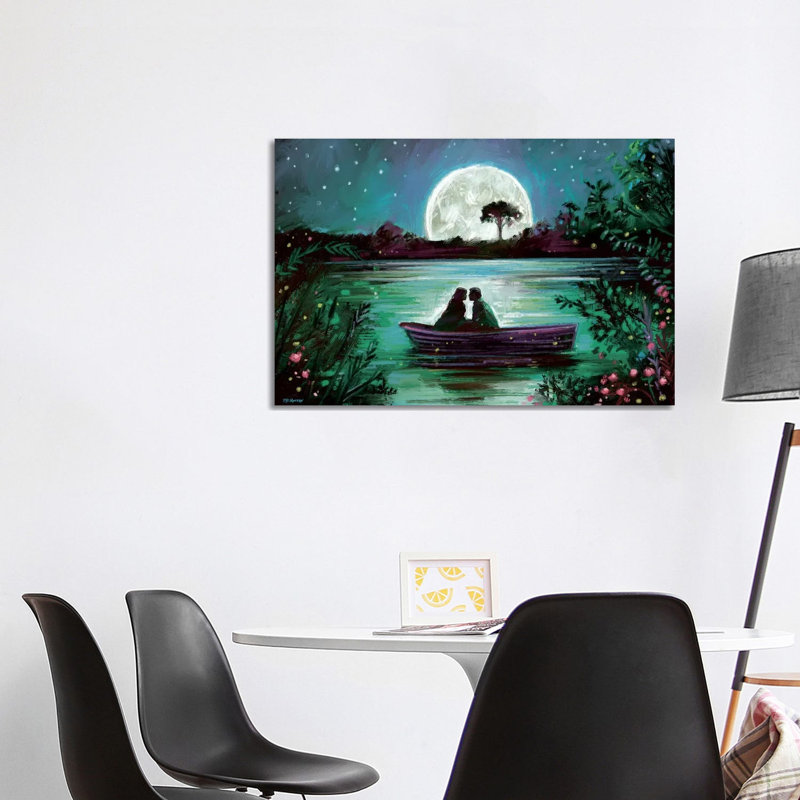 «Love in Boat» par P.D. Moreno - peinture sur toile tendue, H 26 po x l 40 po x 1,5 po