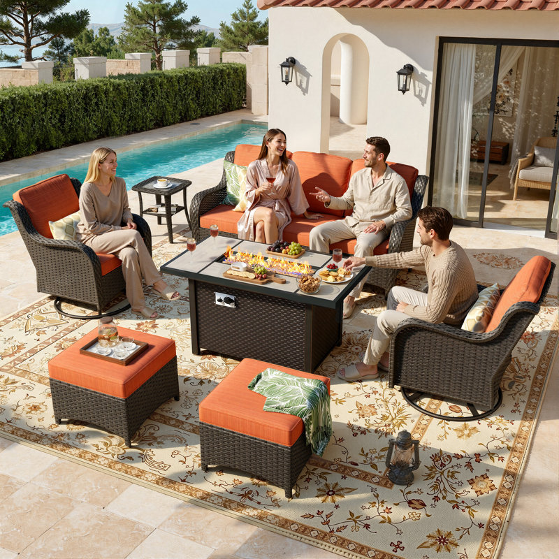 Ensemble de conversation de patio 5 pièces en osier gris avec coussins bleu marine, canapé modulaire d'extérieur avec fauteuils et repose-pieds, mobilier en rotin résistant aux intempéries avec table de foyer d'extérieur optionnelle pour balcon de patio