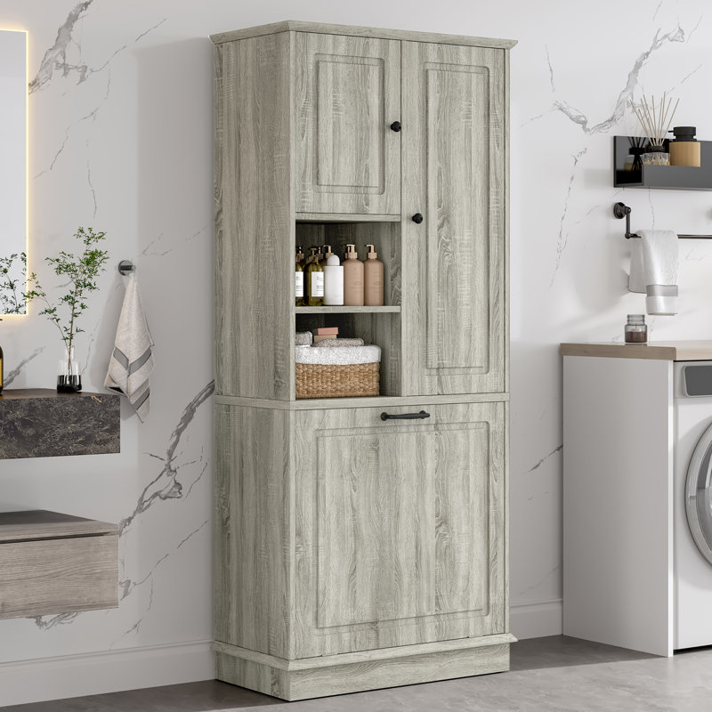 Fleurine 68'' H Bathroom Cabinet with Tilt-Out Laundry Hamper,Modern Linen Cabinet with Adjustable Shelf,Freestanding Style