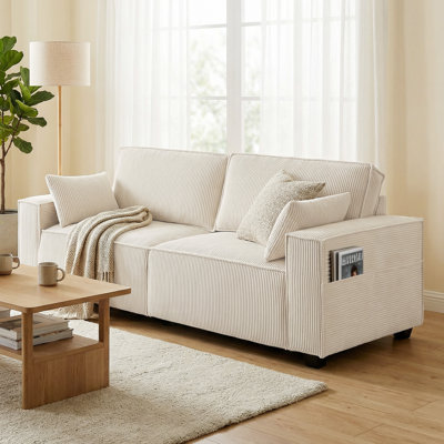 86" 3 Seater Sofa, Corduroy Couch with Spring Cushion, Beige