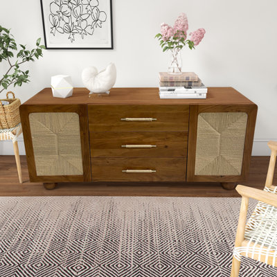 Armoire en bois avec placage de chêne d'acacia et accents en bois naturel avec portes incrustées tissées à trois tiroirs