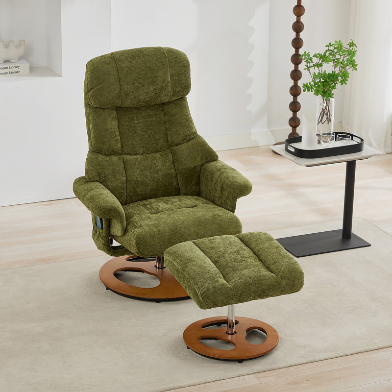 Fauteuil inclinable ergonomique avec repose-pieds, méridienne moderne pivotante à 360 ° avec repose-pieds, tissu chenille, massage par vibration à 5 points, siège chauffant et dossier réglable à 140 °