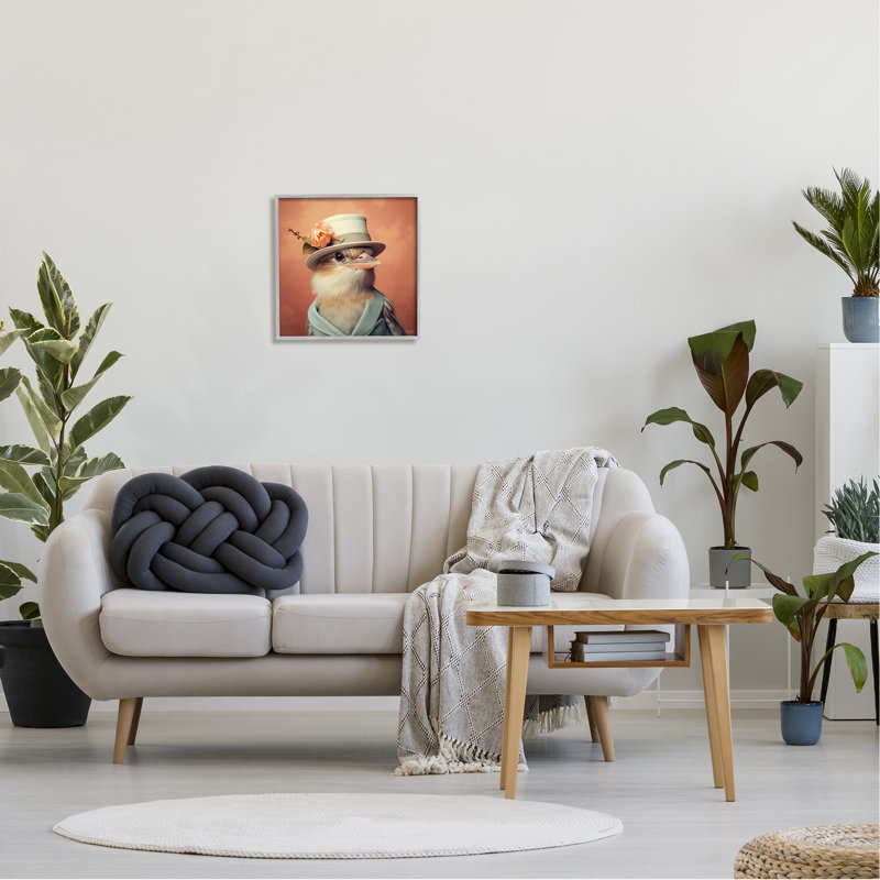 Oiseau au chapeau rétro encadré sur bois par Roozbeh, H 17 po x l 17 po x P 1,5 po, Estampe numérique Farmhouse