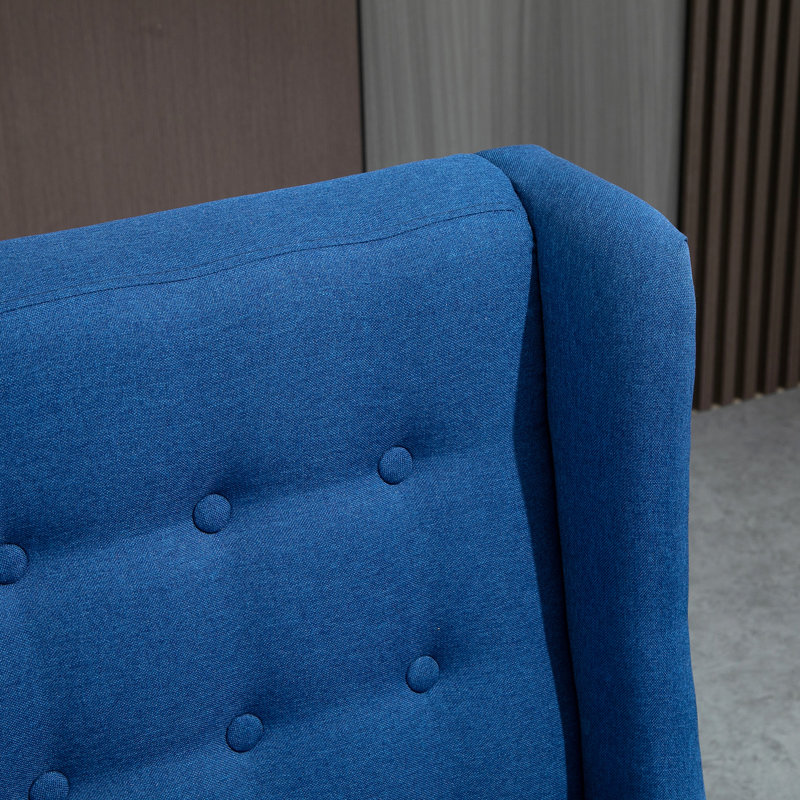 Élégant dossier à oreilles en lin bleu avec dossier et plateforme en bois stable