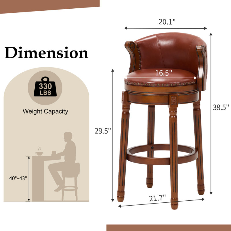 Swivel Bar Stool with Top-Grain Leather Seat, Soft Back, Rubber Wood Frame & Footrest for Kitchen, Dining, or Bar, Brown