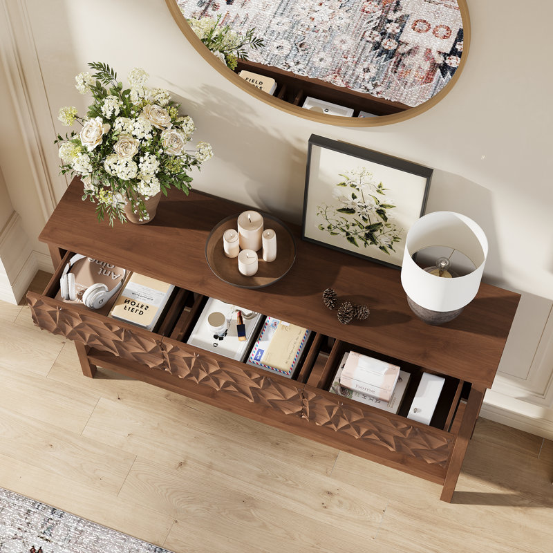 Console en bois sculpté de 51,18 po avec tablette de rangement et 3 tiroirs