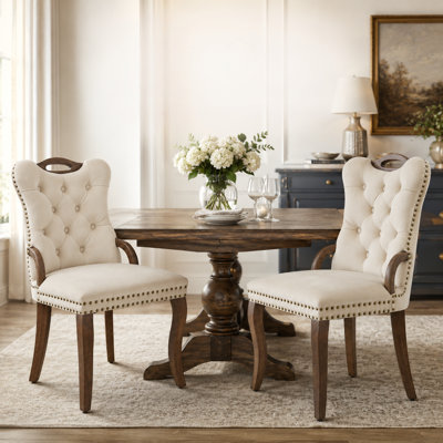 Upholstered Velvet Dining Chair with Handmade Tufted Trim, Solid Wood Handles, Set of 2 (Beige)