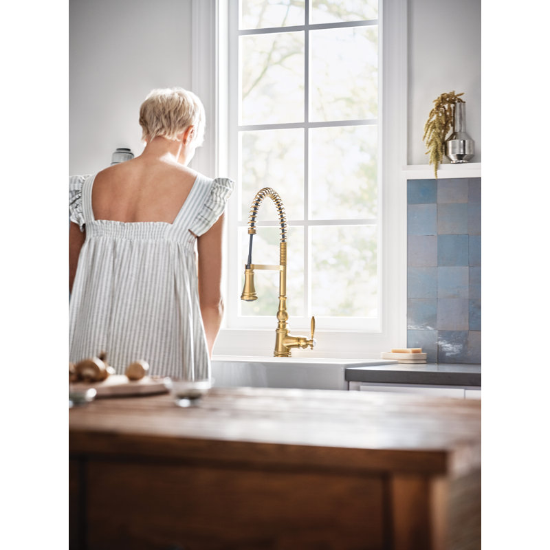 Moen Weymouth Pre-Rinse Spring Pull-Down Single Handle Kitchen Faucet, No SenSor, Brushed Gold