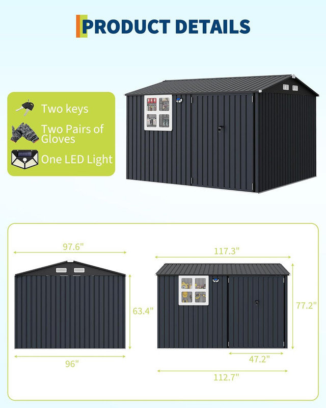 10x12 Ft Heavy-Duty Metal Storage Shed, Galvanized Steel Outdoor Utility Shed with Lockable Door & Windows, Brown
