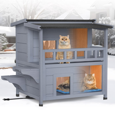 Maison de chat chauffée, maison de chat en bois isolée de 2 étages avec doublure, coussin chauffant et porte de secours