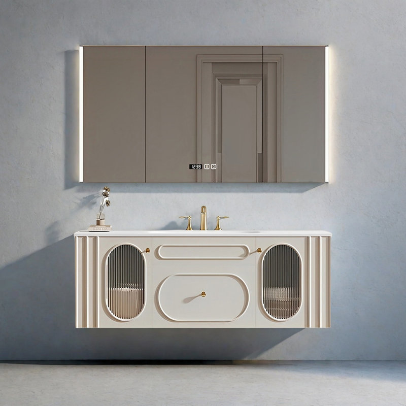 French cream-style smart bathroom cabinet, 19.68" H x 51.18" W x 21.65" D
