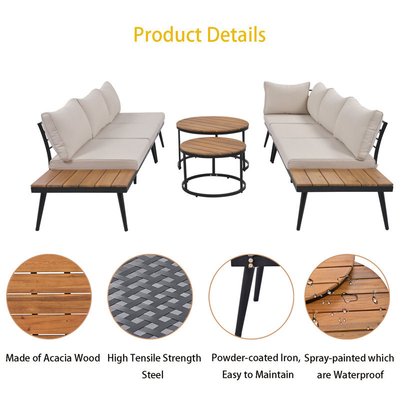 Ensemble de conversation modulaire d'extérieur en acacia 6 pièces pour patio, Beige