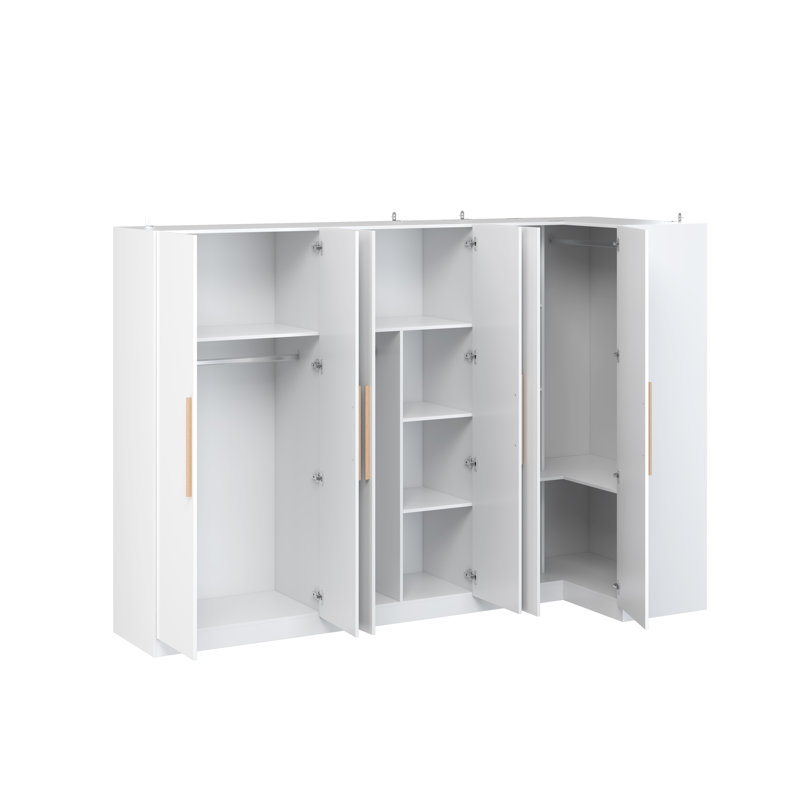 Grande armoire de coin de 100,8 pouces avec portes à fermeture amortie, tringles et étagères