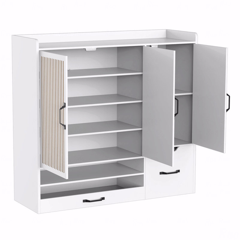 Armoire à chaussures multifonctionnelle avec tablettes réglables, tabouret et tiroir rétractable, offrant un rangement flexible pour divers articles et une conception peu encombrante