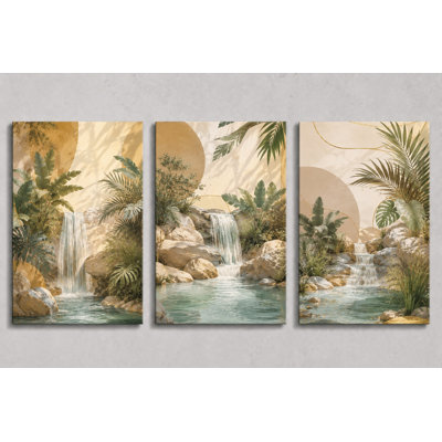 Grand ensemble de 3 impressions murales sur toile Boho Tropical Waterfall Jungle botanique pour salon, salle de bain, décoration sur toile 16 x 24 pouces - prêt à être accroché