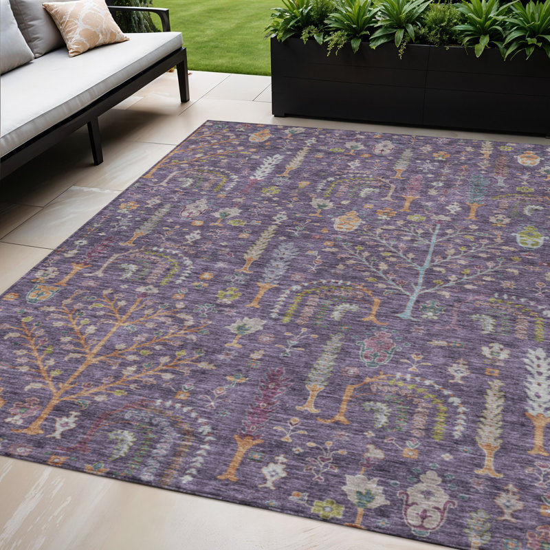 Tapis extérieur lavable à motif floral en terre cuite et vert aubergine 5 pi x 8 pi