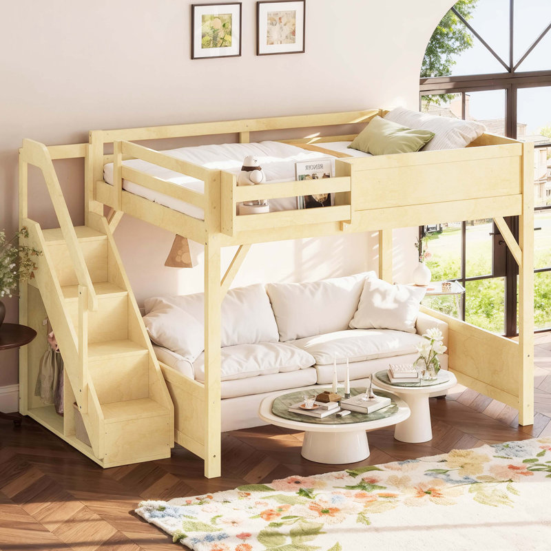 Grand lit mezzanine avec garde-robe et espace de rangement intégrés, lit mezzanine en bois massif avec tablettes à côté, garde-corps pleine longueur et escalier, aucun sommier nécessaire