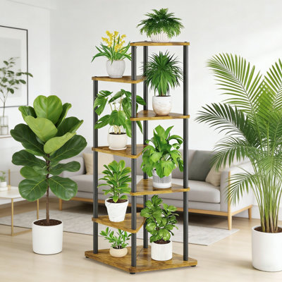 4 Tier Heavy Duty Tall Plant Stand, Indoor Corner Flower Shelf With Wood Trays & Metal Frame by Arlmont & Co.