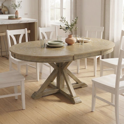 Retro Extendable Dining Table With Butterfly Leaf - Solid Wood Base, Oval/Round Convertible For 6 People