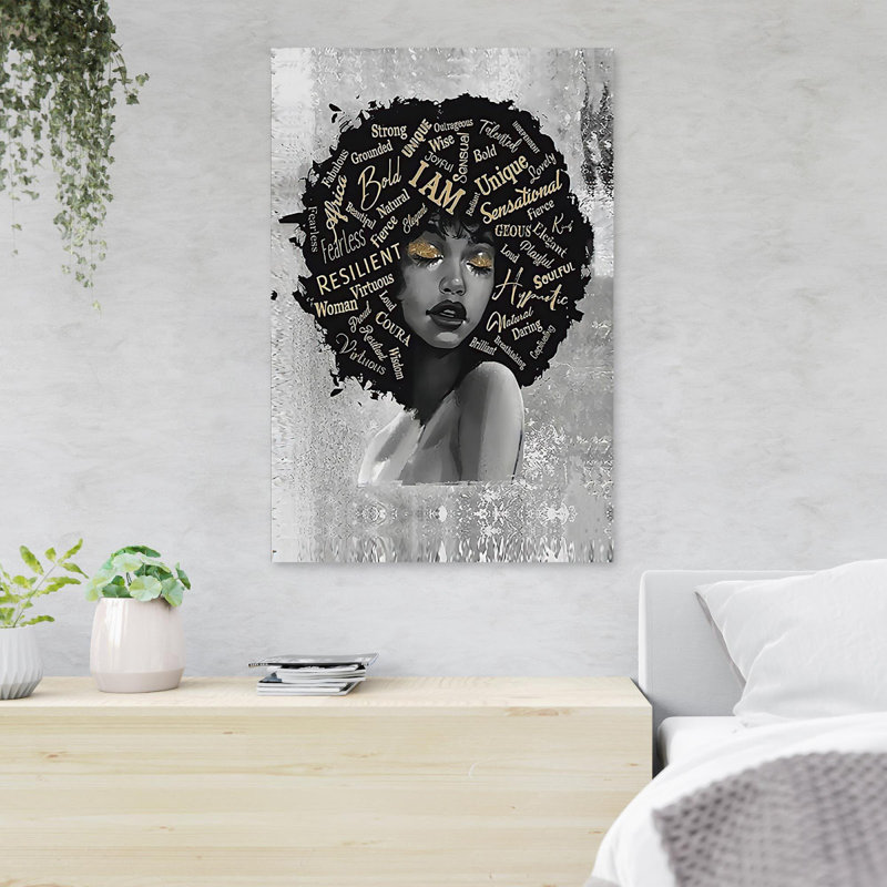 «Girl with Adjectives On Hair - I AM ...», reproduction d'art graphique sur toile tendue, H 14 po x l 11 po x P 2 po
