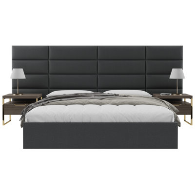 Panneaux muraux capitonnés Sapan - Têtes de lit murales Queen/Full - Cuir noir de jais vintage - Ensemble de 4 panneaux modulaires