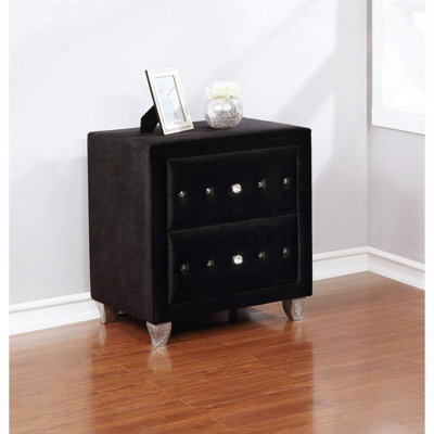 Glam 1pc Fully Upholstered Nightstand with Button Tufting, Acrylic Buttons, Black Finish for Bedroom