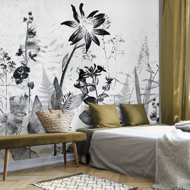 Art for the Home Flower Press Monochrome Floral 2.8m x 3m Wall Mural, Black