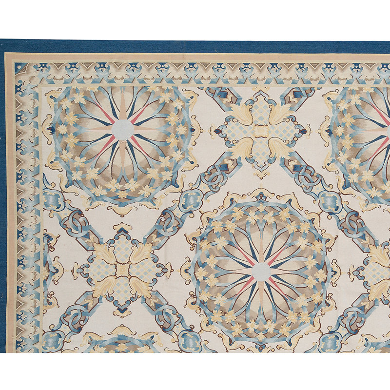 Hand-Knotted High-Quality Ivory and Navy Area Rug