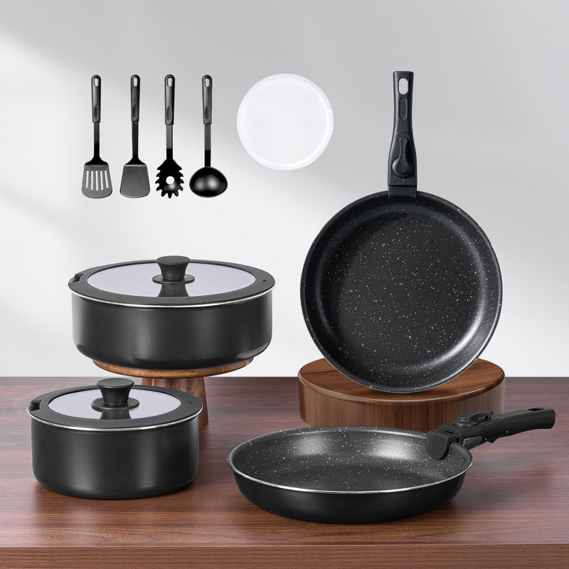 Ensemble de batterie de cuisine 13 pièces antiadhésif avec poignées amovibles pour véhicule récréatif, noir